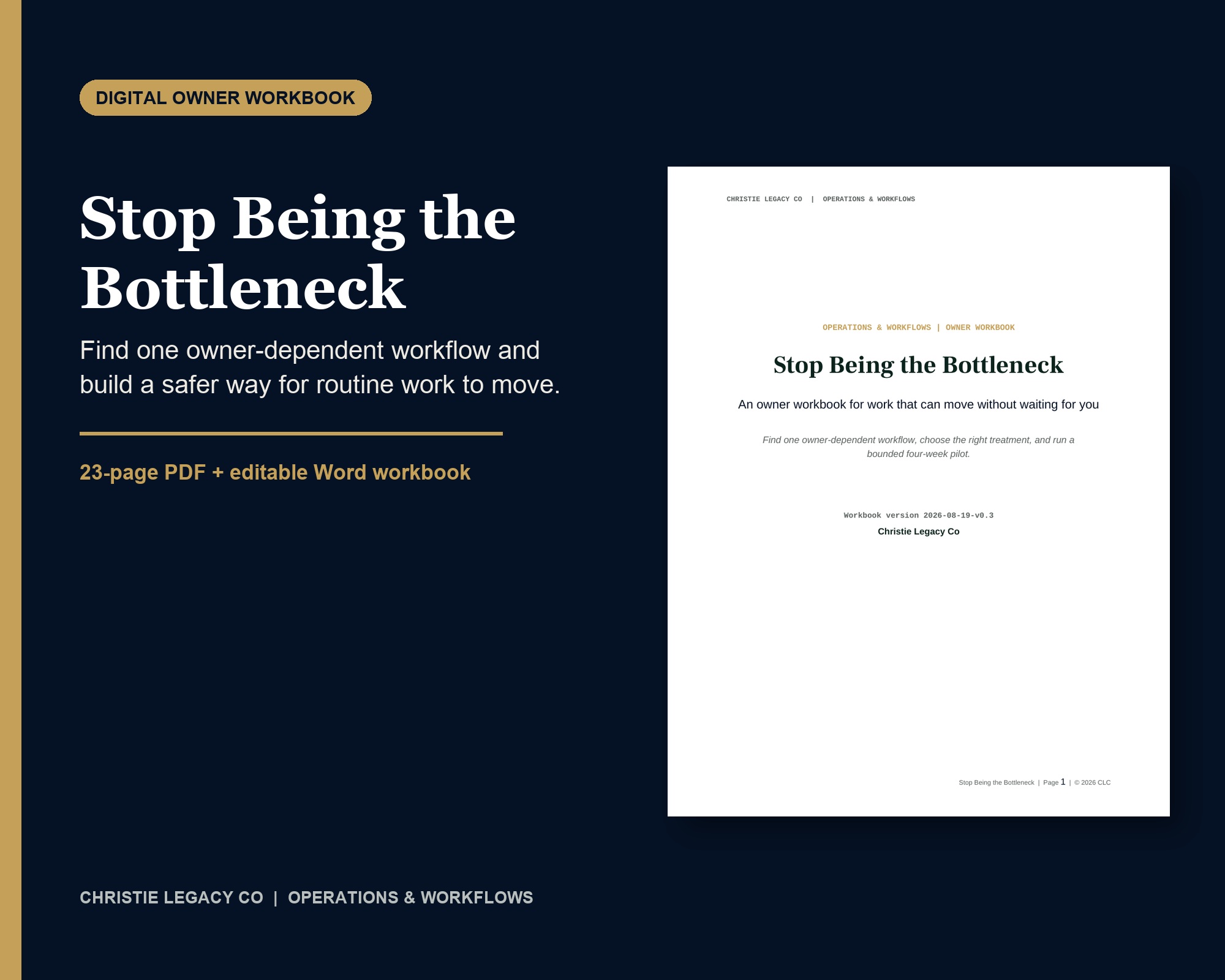 Stop Being the Bottleneck cover and 23-page digital workbook preview.