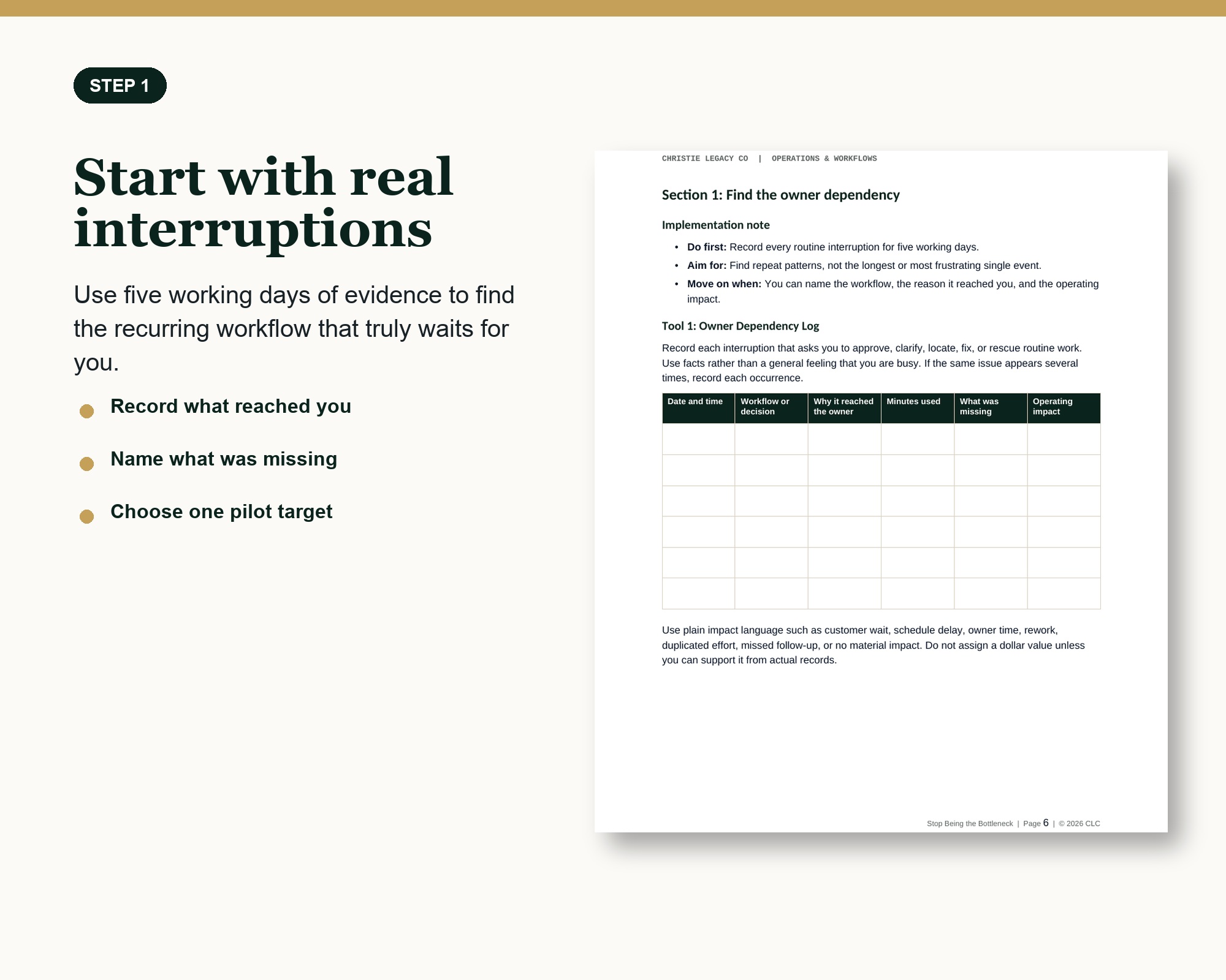 Workbook preview explaining how to identify an owner-dependent workflow.