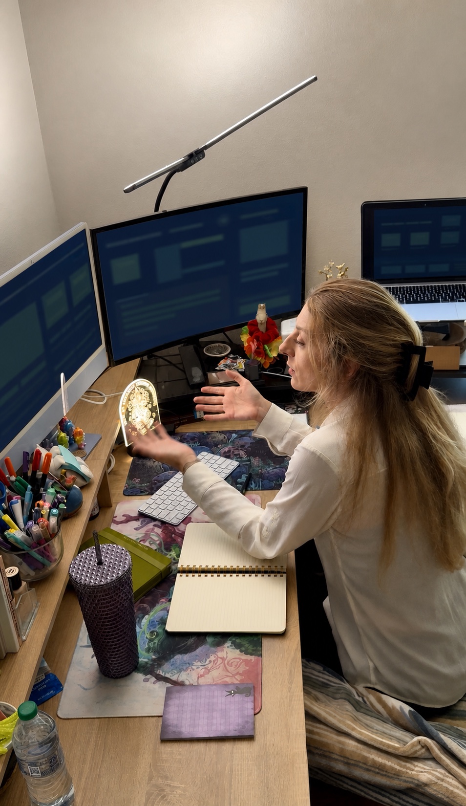 Sierra Christie working at her desk with deliberately unreadable screens.